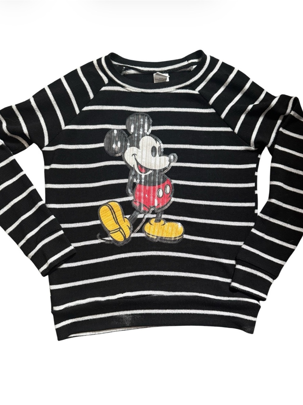 DISNEY Black & White Striped Sweater with MICKEY Character Sequin Patch WOMENS